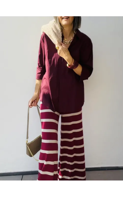 Pantalones Punto a Rayas Burdeos