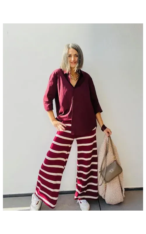 Pantalones Punto a Rayas Burdeos