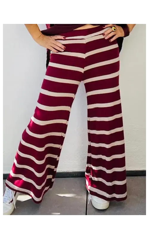 Pantalones Punto a Rayas Burdeos