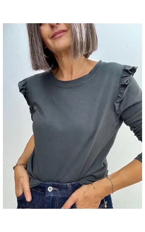 Camiseta Volante Hombro Gris