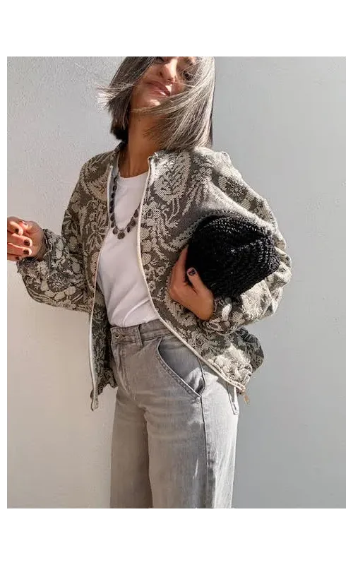 Bomber Tapiz Flores Gris