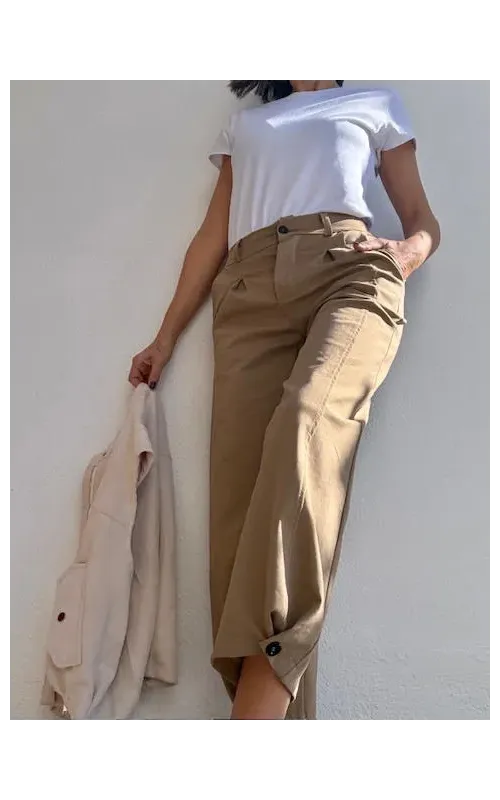 Pantalones Bombacho Botón Camel