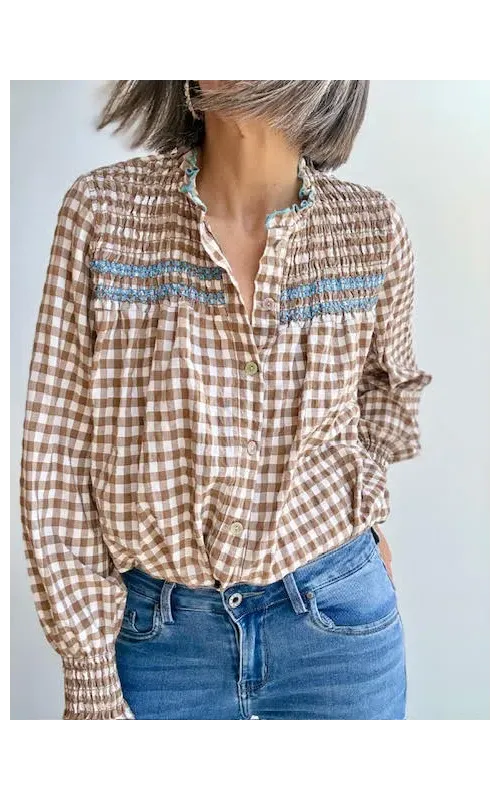 Blusa Vichy Camel con Fruncido