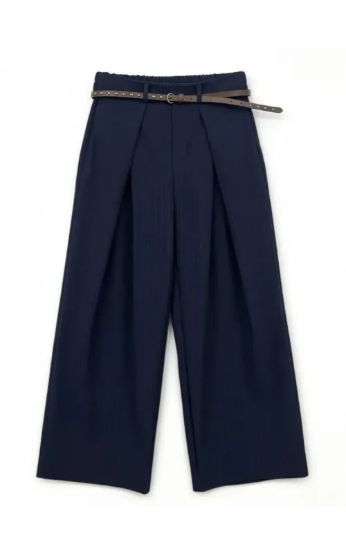 Pantalones Wide Leg con Raya Satinada Azul Marino