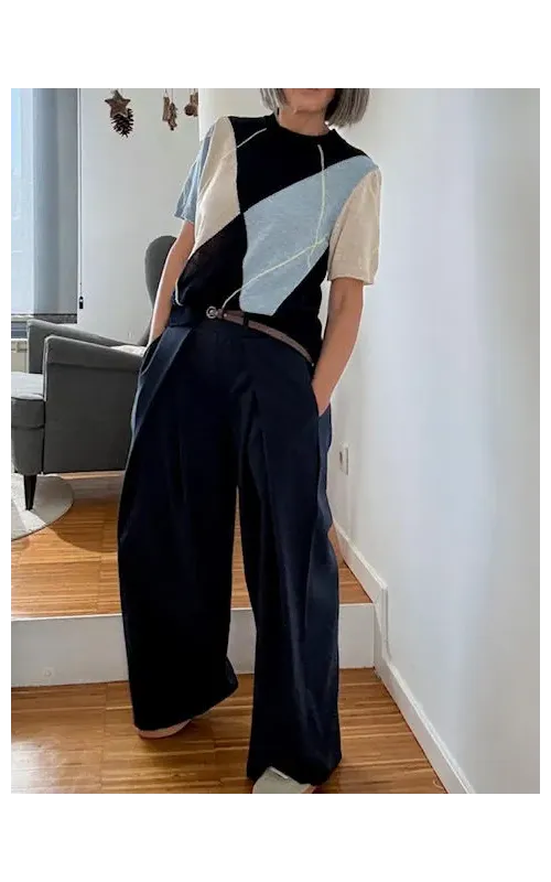 Pantalones Wide Leg con Raya Satinada Azul Marino