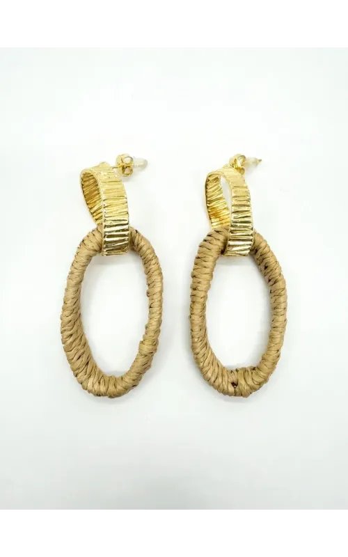 Aretes Ovalados Rafia y Metal Dorados
