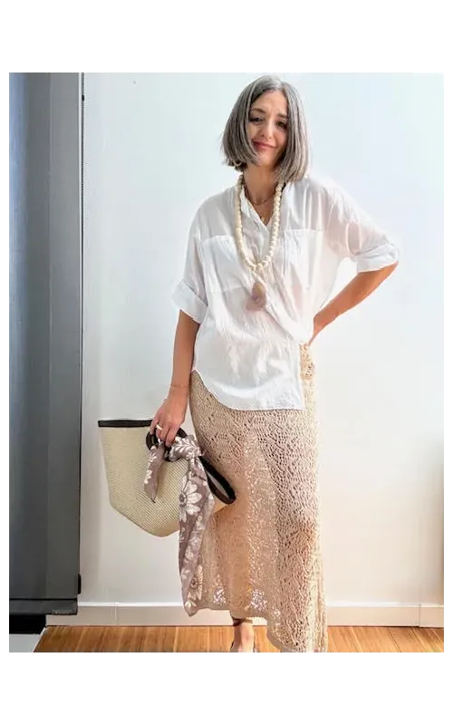 Falda Midi de Punto Calado Beige