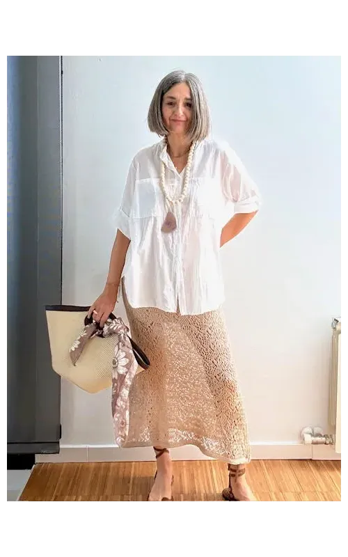 Falda Midi de Punto Calado Beige