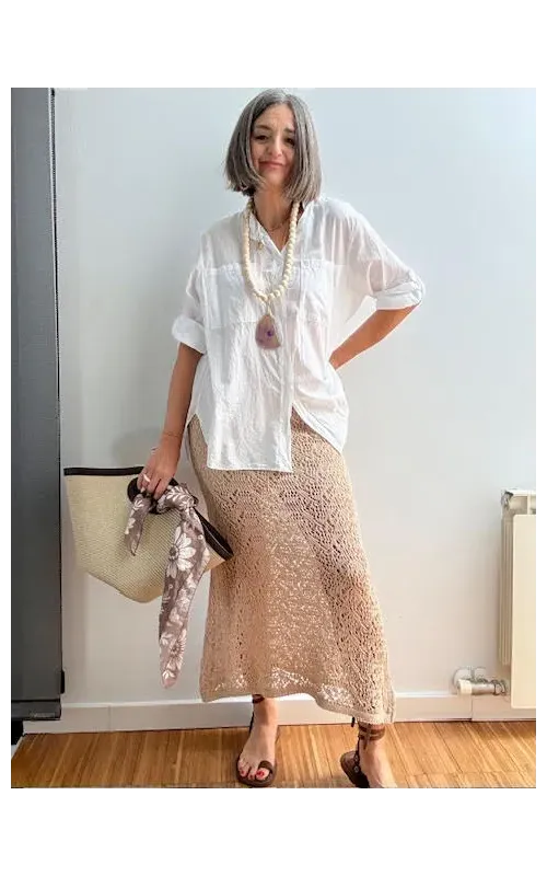 Falda Midi de Punto Calado Beige