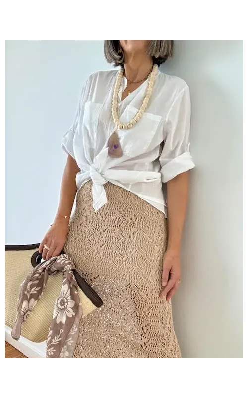 Falda Midi de Punto Calado Beige
