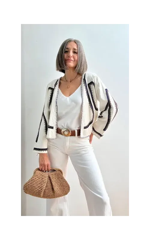 Chaqueta Bordada Estilo Bohemio Blanco y Marino