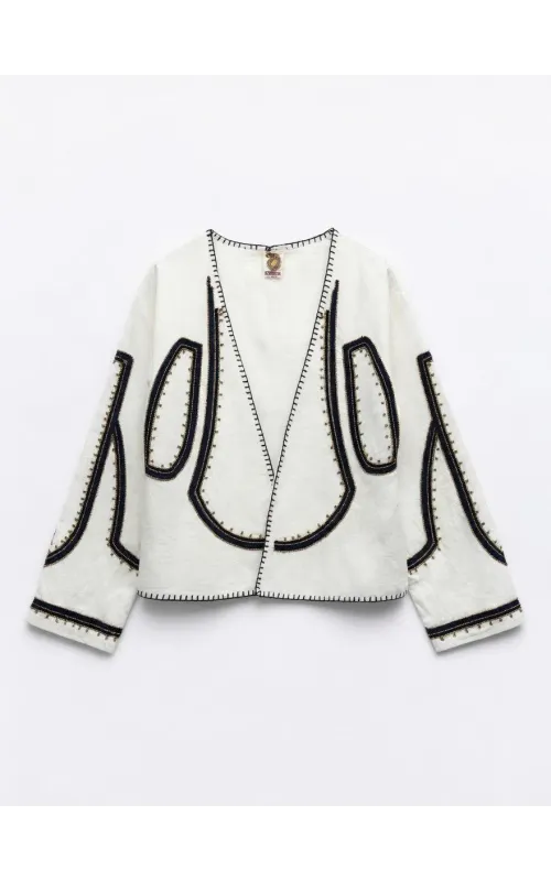 Chaqueta Bordada Estilo Bohemio Blanco y Marino