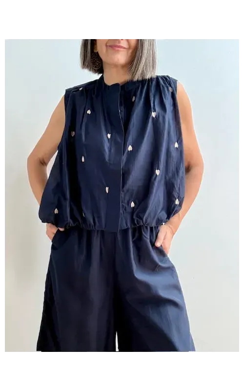 Top Volumen Corazones Tencel Marino