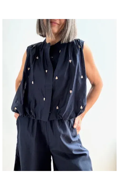 Top Volumen Corazones Tencel Marino