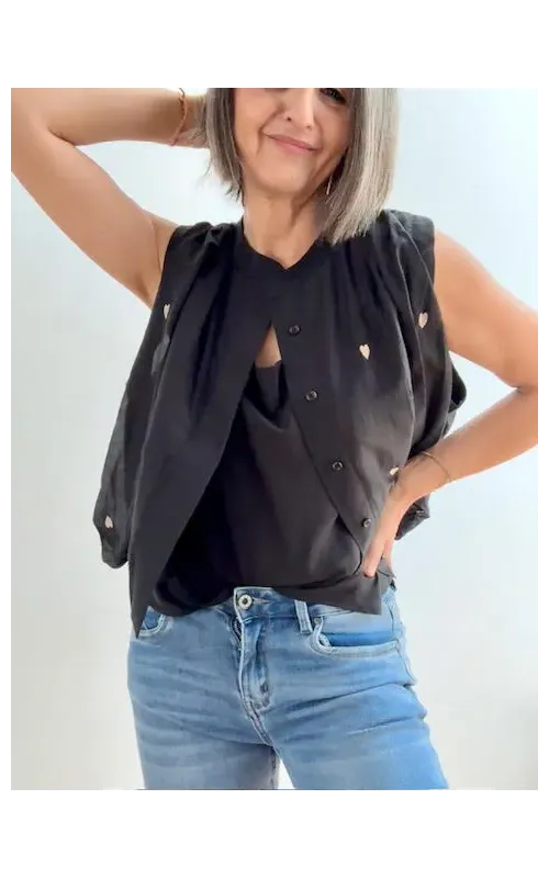 Top Volumen Corazones Tencel Negro