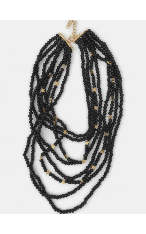 Collar Cuentas de Madera Negra con Estrellas Doradas
