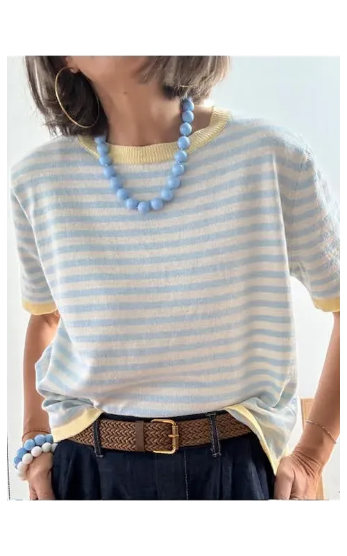 Jersey Rayas Celeste y Blanco con Detalle Amarillo