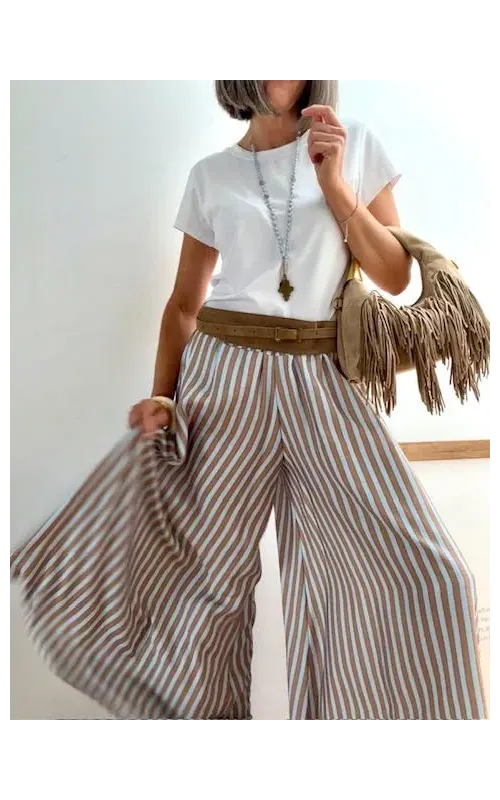 Pantalones Falda Rayas Celeste y Camel