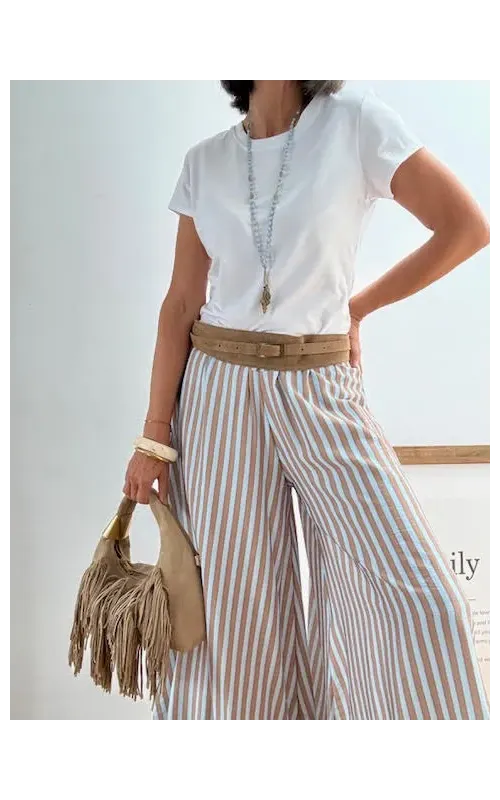Pantalones Falda Rayas Celeste y Camel