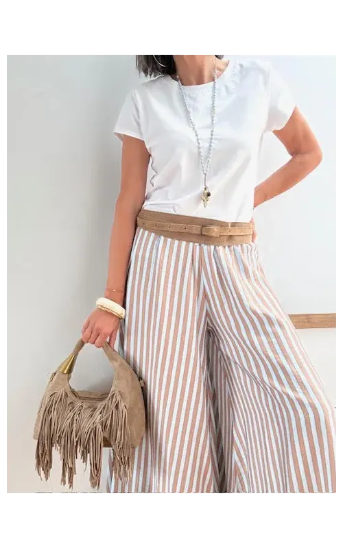 Pantalones Falda Rayas Celeste y Camel