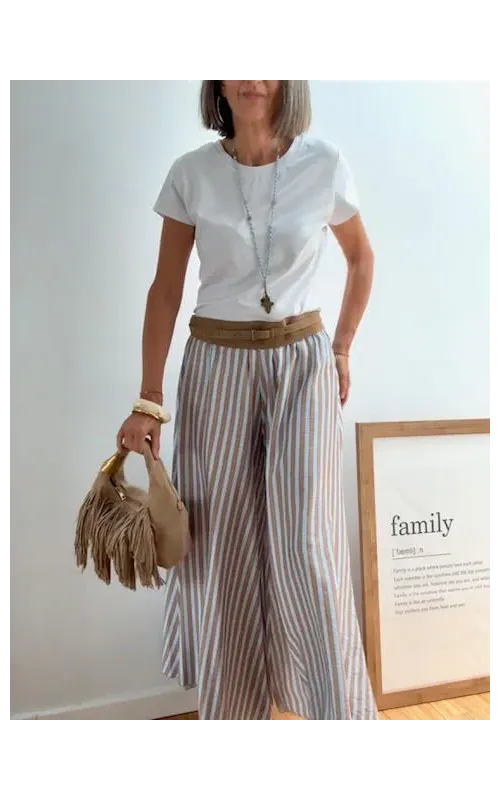 Pantalones Falda Rayas Celeste y Camel