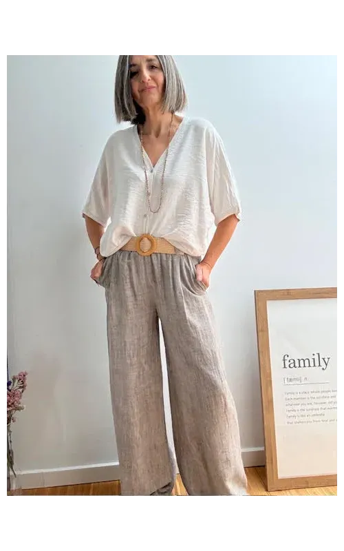 Pantalones Jaspeado con Cinturón Taupe