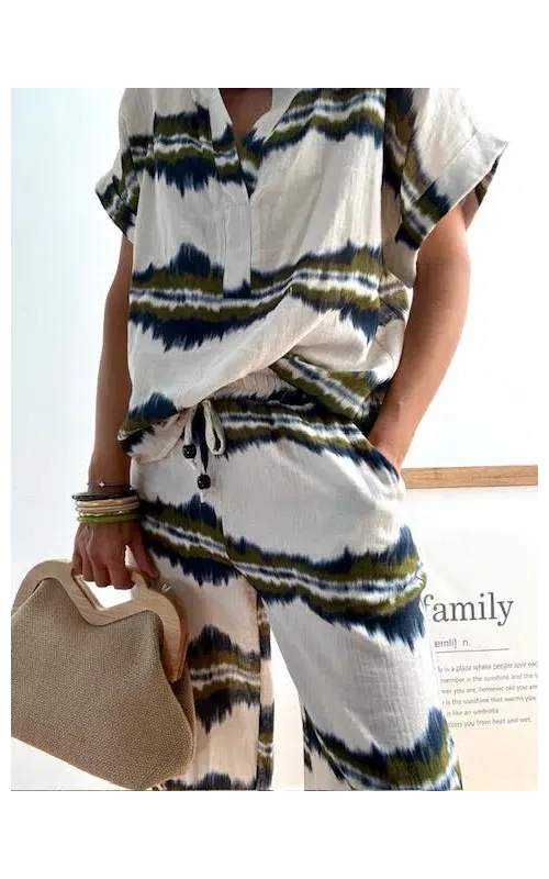 Pantalón Ikat Verde y Azul con Cordón