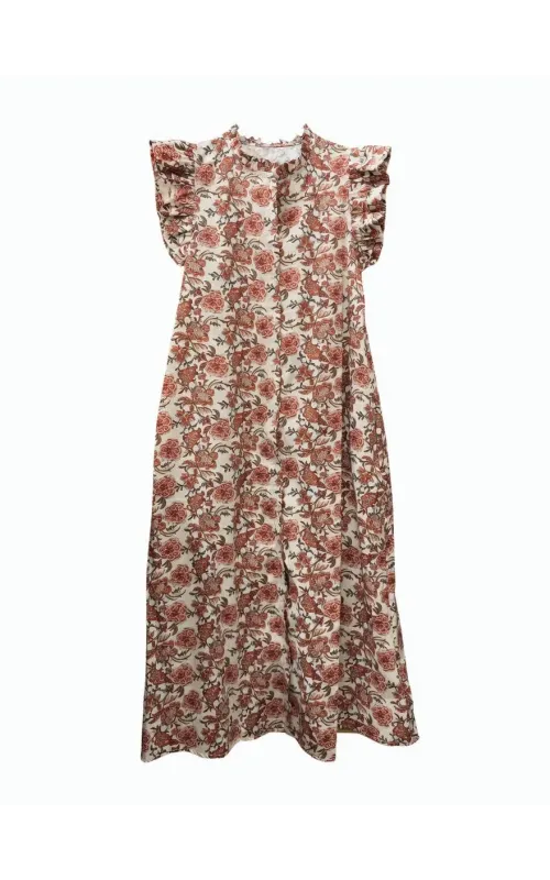 Vestido Midi Floral con Volantes Beige