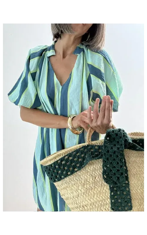 Vestido Corto Rayado Verde y Azul