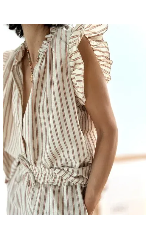 Blusa Rayada  Beige y Naranja con Volantes