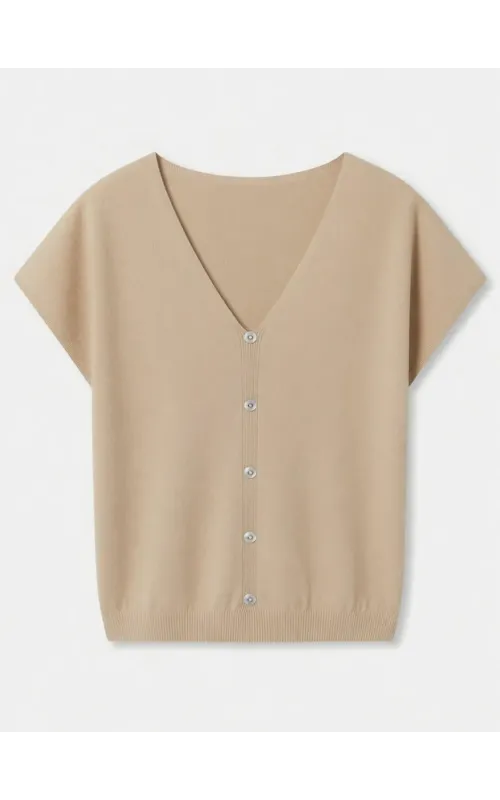 Jersey Corto en Punto Fino de Verano Con Botones Beige