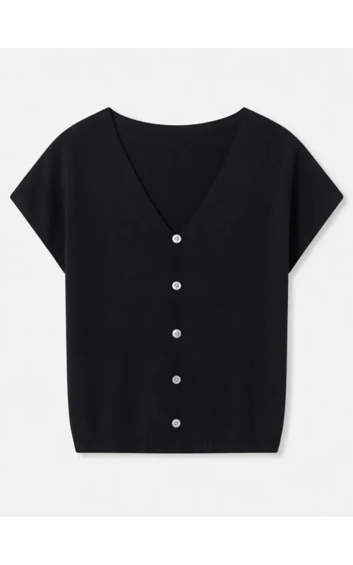 Jersey Corto en Punto Fino de Verano Con Botones Negro