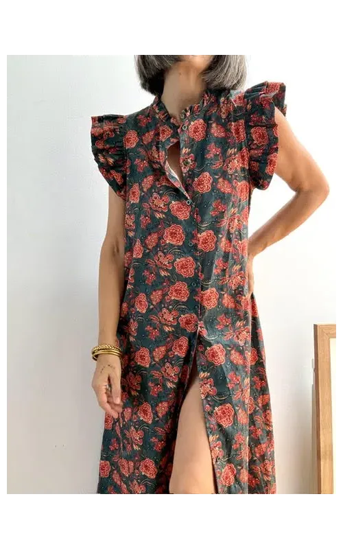 Vestido Midi Floral con Volantes Azul