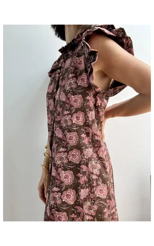 Vestido Midi Floral con Volantes Marrón