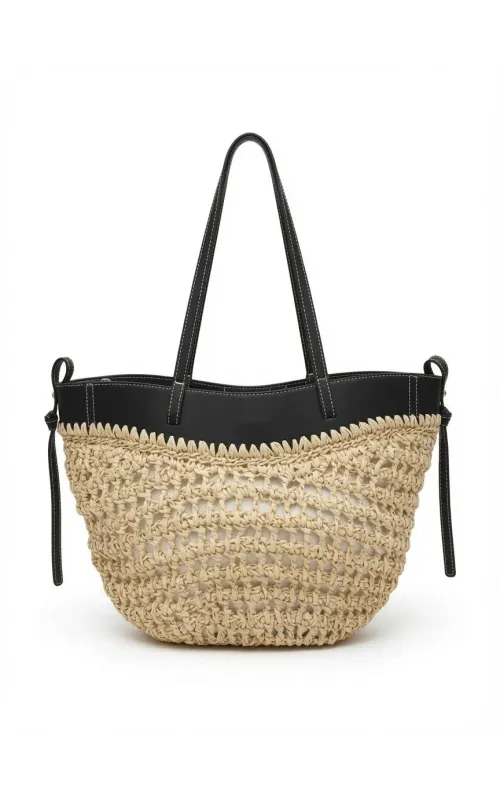 Bolso Tote Croché Beige con Detalles en Piel Sintética Negra