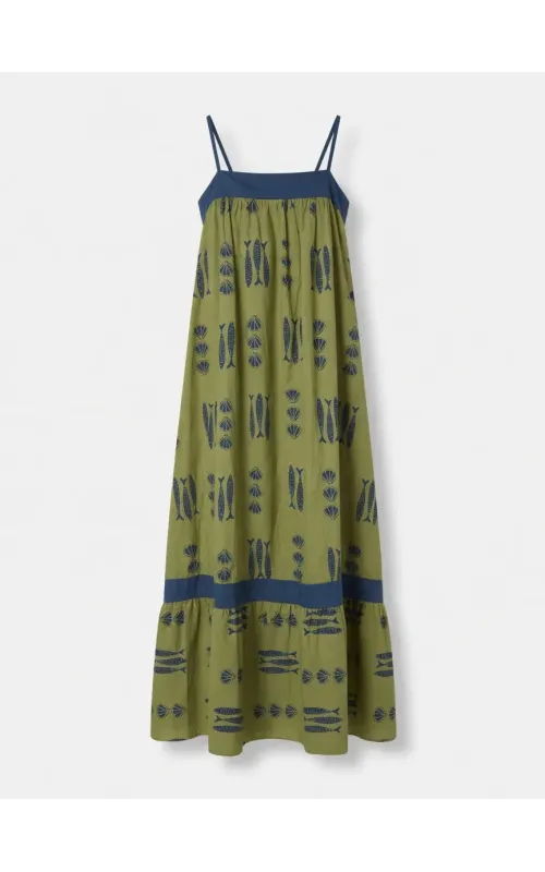 Vestido Largo Estampado Peces Verde
