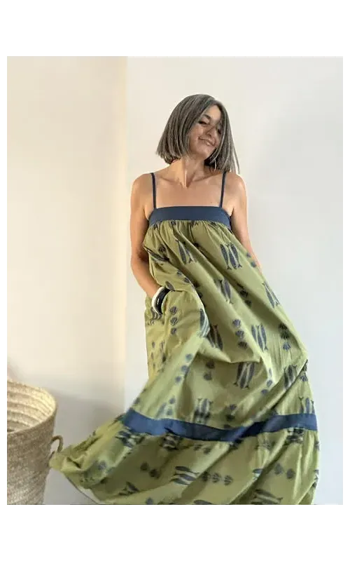 Vestido Largo Estampado Peces Verde