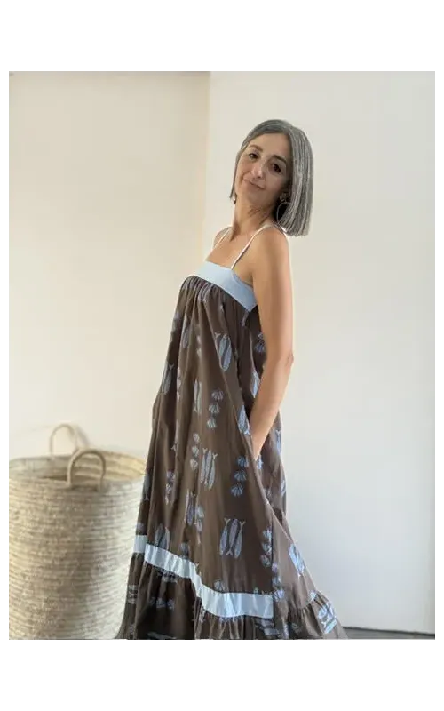 Vestido Largo Estampado Peces Marrón