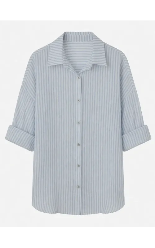 Camisa de Lino Rayada Celeste