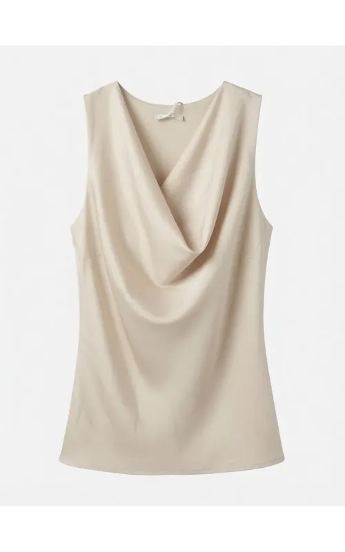 Top Satinado con Escote Drapeado Beige